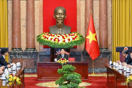 Chủ tịch nước Lương Cường tiếp Trưởng ban Thanh niên Đảng Dân chủ tự do Nhật Bản. (Ảnh: THỦY NGUYÊN)