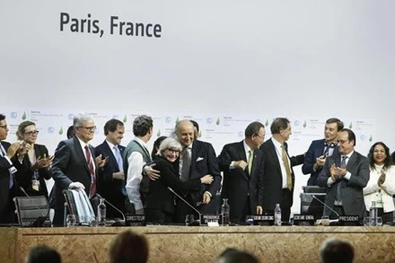 Bức ảnh chụp ngày 12/12/2015 ghi lại phiên họp bế mạc của Hội nghị COP21, diễn ra tại Le Bourget, Paris, Pháp. (Ảnh: Tân Hoa xã)