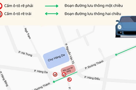 [Infographic] Phân luồng di chuyển ô-tô qua khu vực chợ Hàng Da đang thi công bể điều tiết ngầm