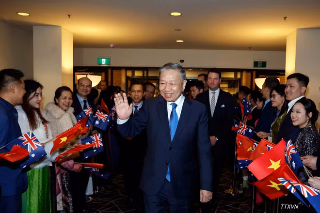 Cán bộ, nhân viên Đại sứ quán, cộng đồng người Việt Nam tại Australia đón Tổng Bí thư, Chủ tịch nước Tô Lâm. (Ảnh: TTXVN)