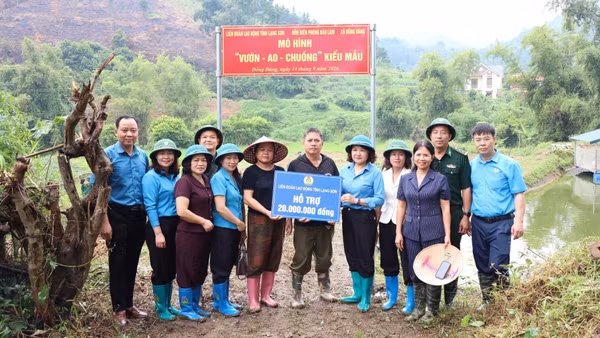Liên đoàn Lao động tỉnh Lạng Sơn, Đồn Biên phòng Bảo Lâm, xã Đồng Đăng xây dựng mô hình "Vườn-Ao-Chuồng" kiểu mẫu. (Ảnh: PHƯƠNG CHI)