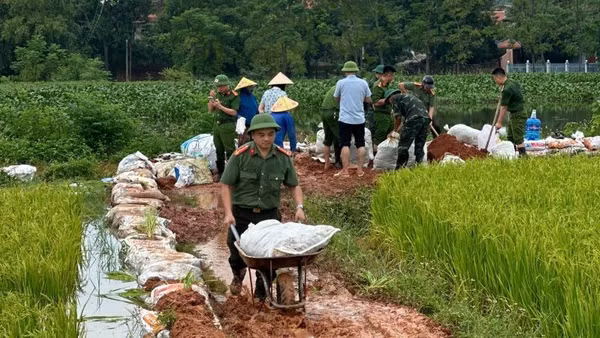 Công an xã Phúc Hòa tham gia đắp đê ngăn lũ. (Ảnh: ĐH)