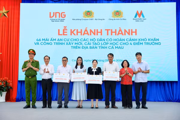 Quỹ Kiến tạo ước mơ (Dream Maker Foundation - DMF), do Công ty cổ phần Tập đoàn VNG bảo trợ, phối hợp Văn phòng Cơ quan Cảnh sát điều tra (Bộ Công an) và Công an tỉnh Cà Mau trao tặng 46 mái ấm an cư cho các hộ dân có hoàn cảnh khó khăn. (Ảnh: BTC cung cấp)