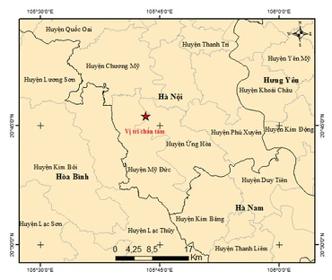 Bản đồ tâm chấn trận động đất xảy ra tại huyện Mỹ Đức ngày 25/3.