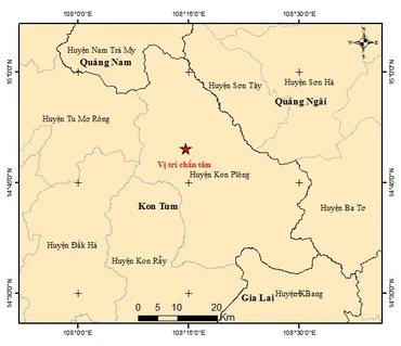 Bản đồ tâm chấn trận động đất có độ lớn 5.0 tại huyện Kon Plong, tỉnh Kon Tum.