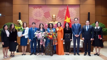 Phó Chủ tịch Quốc hội Nguyễn Thị Thanh (thứ 5 từ phải sang) trao hoa tặng bà Caroline Nyamayemombe và bà Michaela Bauer (lần lượt thứ 6 và 7 từ phải sang) cùng đại diện các cơ quan liên quan tại buổi tiếp.