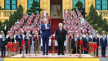Tổng Bí thư Nguyễn Phú Trọng chủ trì Lễ đón chính thức Tổng thống Hoa Kỳ Joe Biden thăm cấp Nhà nước tới Việt Nam từ ngày 10-11/9/2023. (Ảnh: TTXVN)