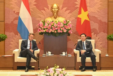 Chủ tịch Quốc hội Vương Đình Huệ và Thủ tướng Đại Công quốc Luxembourg Xavier Bettel tại buổi hội kiến.