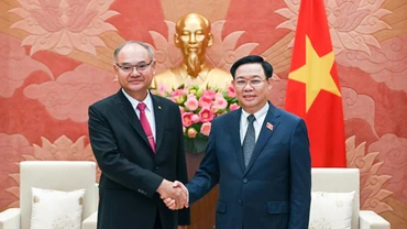 Chủ tịch Quốc hội Vương Đình Huệ và Phó Chủ tịch thứ nhất Thượng viện Thái Lan Singsuk Singpai tại buổi tiếp.