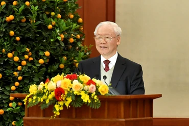 Tổng Bí thư Nguyễn Phú Trọng phát biểu chúc Tết Nguyên đán Giáp Thìn 2024. Ảnh: ĐĂNG KHOA
