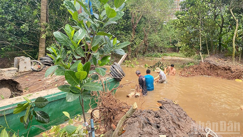 Phương tiện được huy động đến hiện trường cùng người dân thực hiện gia cố các đoạn đê bị vỡ.