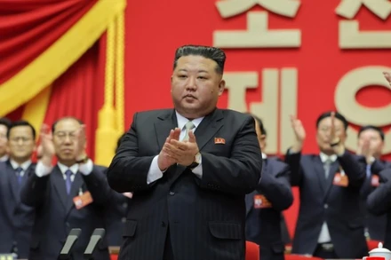 Tổng Bí thư, Chủ tịch Quốc vụ Triều Tiên Kim Jong Un tại Đại hội đại biểu toàn quốc lần thứ IX, Đảng Lao động Triều Tiên, ngày 23/2/2026. (Ảnh: KCNA)