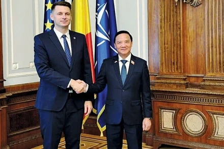 Phó Chủ tịch Quốc hội Nguyễn Khắc Định hội kiến Chủ tịch Thượng viện Romania Mircea Abrudean. (Ảnh: THẾ CƯỜNG)