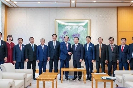 Chủ tịch Hạ viện Nhật Bản Nukaga Fukushiro chào đón Phó Chủ tịch Quốc hội Trần Quang Phương và Đoàn đại biểu cấp cao Quốc hội Việt Nam. (Ảnh: TTXVN)