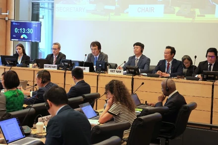 Đoàn liên ngành do Thứ trưởng Tư pháp Nguyễn Thanh Tịnh làm Trưởng đoàn đã chia sẻ những bước tiến tích cực và thành tựu nổi bật của Việt Nam trong bảo vệ, thúc đẩy quyền con người, đặc biệt là quyền dân sự, chính trị tại phiên họp. (Ảnh: TTXVN)