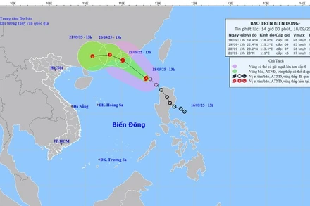 Bản đồ dự báo quỹ đạo và cường độ bão phát lúc 14 giờ ngày 18/9.