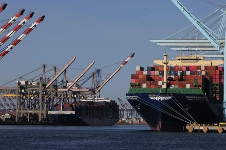 Các tàu chở container tại Cảng Los Angeles ở California, Mỹ. (Ảnh: Xinhua)