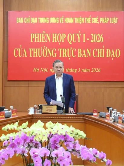 Tổng Bí thư Tô Lâm chủ trì phiên họp quý I/2026 của Thường trực Ban Chỉ đạo Trung ương về hoàn thiện thể chế, pháp luật. (Ảnh: ĐĂNG KHOA)