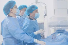 Các y, bác sĩ thực hiện bít lỗ thông liên nhĩ bằng dụng cụ qua da cho bệnh nhân người Campuchia.