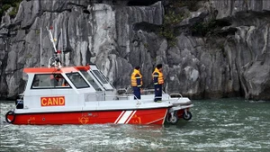Các xuồng thuộc Phòng Cảnh sát Phòng cháy chữa cháy và Cứu nạn cứu hộ (Công an tỉnh Quảng Ninh) tham gia tìm kiếm khu vực trên vịnh Hạ Long, ngày 23/7. (Ảnh: Đức Hiếu/TTXVN)