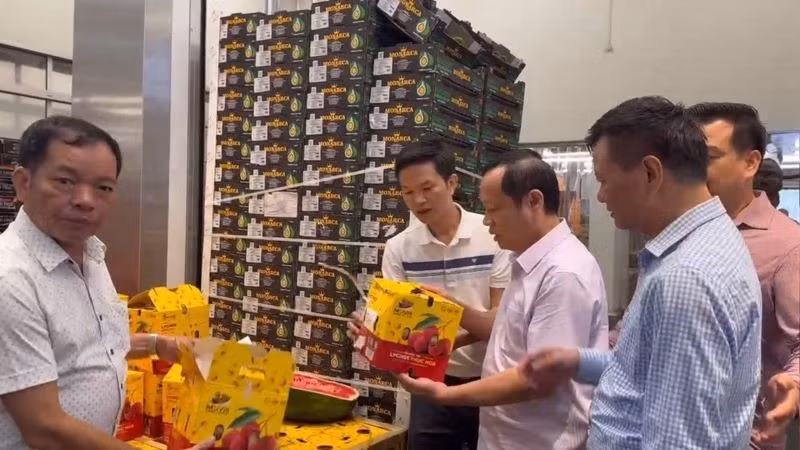 Lãnh đạo Sở Công thương Bắc Ninh kiểm tra lô vải thiều tại sân bay Charles de Gaulle-Paris, Pháp.