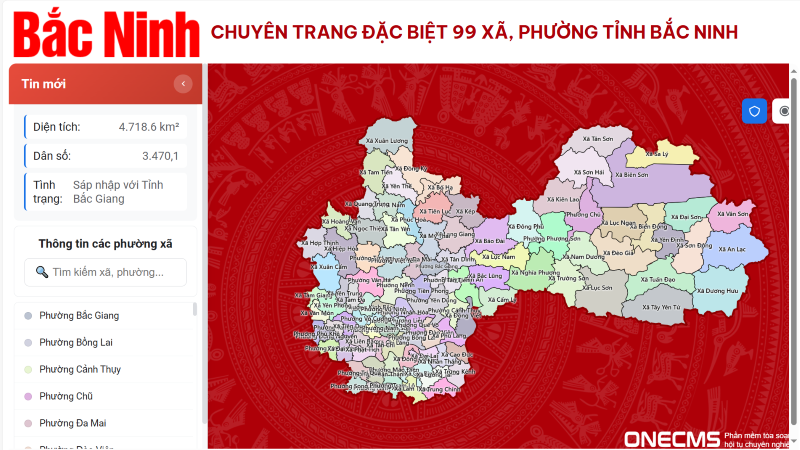 Giao diện trang “99 xã, phường tỉnh Bắc Ninh”.