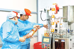 Kiểm tra tem truy xuất nguồn gốc trên dây chuyền đóng gói mật ong Ninh Bình.