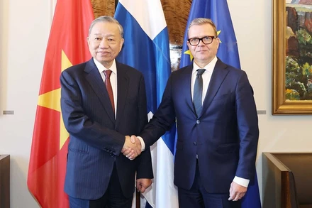 Tổng Bí thư Tô Lâm hội kiến Thủ tướng Phần Lan Petteri Orpo. (Ảnh: TTXVN)