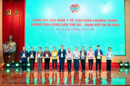 Phó Giám đốc Bảo hiểm xã hội tỉnh Trần Ngọc Tuấn cùng các đại biểu trao tặng thẻ bảo hiểm y tế cho người dân