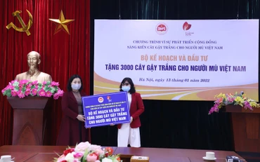 Chủ tịch Công đoàn Bộ Kế hoạch và Đầu tư Lê Thị Tường Thu trao quà cho Hội Người mù Việt Nam. 
