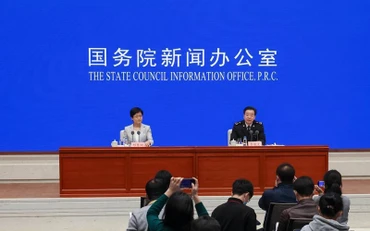 Họp báo công bố số liệu kim ngạch xuất nhập khẩu năm 2021 của Trung Quốc. (Ảnh: Tân Hoa Xã)