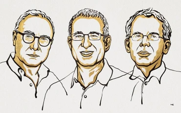 Chân dung ba nhà kinh tế người Mỹ David Card (bìa trái), Joshua D. Angrist (giữa) và Guido W. Imbens giành giải Nobel Kinh tế năm 2021. (Ảnh: Niklas Elmehed/Nobel Prize Outreach)