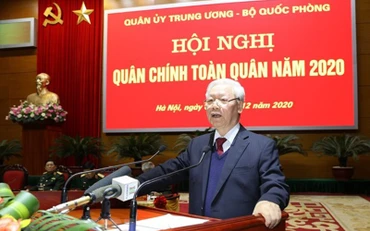 Tổng Bí thư, Chủ tịch nước Nguyễn Phú Trọng, Bí thư Quân ủy T.Ư phát biểu chỉ đạo Hội nghị. (Ảnh: TTXVN)