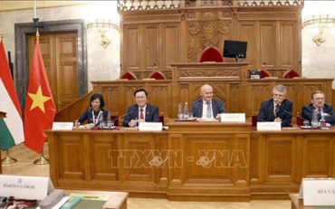 Chủ tịch Quốc hội Vương Đình Huệ và Chủ tịch Quốc hội Hungary dự Tọa đàm lập pháp. (Ảnh: Doãn Tấn/TTXVN)