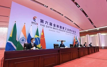 Hội nghị Bộ trưởng Công nghiệp BRICS tại điểm cầu thành phố Hạ Môn, tỉnh Phúc Kiến. (Ảnh: Tân Hoa xã)