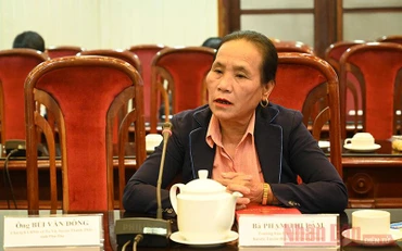 Bà Phạm Thị Lâm, Trưởng bản Cáo, xã Lâm Hóa, huyện Tuyên Hóa, tỉnh Quảng Bình, tham gia giao lưu trực tuyến tại trụ sở Báo Nhân Dân, ngày 2-12-2020. (Ảnh: TRẦN HẢI)