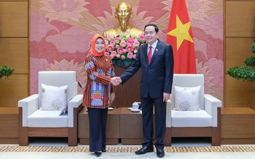 Phó Chủ tịch Thường trực Quốc hội Trần Thanh Mẫn đón, tiếp Đoàn đại biểu Hội đồng Đại biểu địa phương (Thượng viện) Indonesia bà Sylviana Murni làm Trưởng đoàn. Ảnh: quochoi.vn