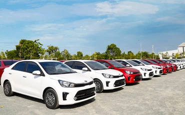 Lô hàng 80 xe Kia Soluto được đưa xuống cảng Chu Lai để xuất khẩu sang Myanmar.