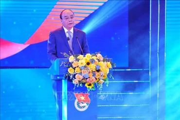 Chủ tịch nước Nguyễn Xuân Phúc phát biểu tại buổi lễ. (Ảnh: Minh Đức/TTXVN)