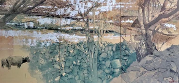 Xuân sắp về (Mầu nước - Giấy Dó. 225cm x 105cm, 2020 - 2021).