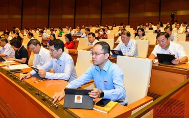 Đại biểu Quốc hội bấm nút biểu quyết thông qua Luật Cảnh sát cơ động. (Ảnh: KHOA NGUYÊN)