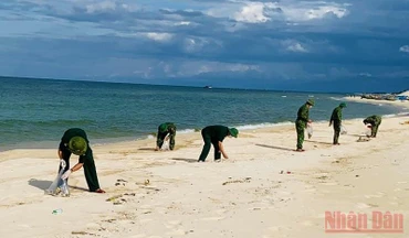 Bộ đội biên phòng Quảng Bình tổ chức thu gom lượng dầu vón cục, làm sạch bãi biển. 