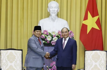 Chủ tịch nước Nguyễn Xuân Phúc tiếp Bộ trưởng Quốc phòng Indonesia Prabowo Subianto. (Ảnh: TTXVN) 