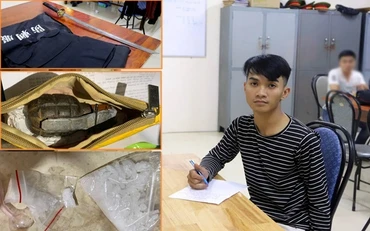 Đối tượng Trần Minh Cường tại cơ quan công an và tang vật vụ việc.