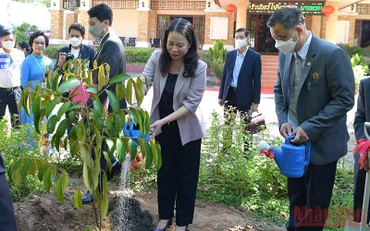 Phó Chủ tịch nước Võ Thị Ánh Xuân trồng cây tại Khu di tích Chủ tịch Hồ Chí Minh, tỉnh Udon Thani, Thái Lan. (Ảnh: Tuấn Anh)