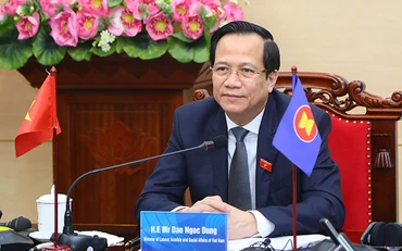 Bộ trưởng Đào Ngọc Dung dự hội nghị theo hình thức trực tuyến (Ảnh: Molisa).