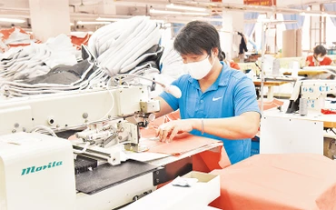 Công nhân Công ty May Chiến Thắng vận hành dây chuyền may áo xuất khẩu. (Ảnh AN KHÁNH) 