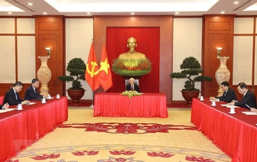 Chiều 31/3, tại Trụ sở Trung ương Đảng, Tổng Bí thư Nguyễn Phú Trọng điện đàm với Thủ tướng Cộng hòa Liên bang Đức Olaf Scholz. (Ảnh: Trí Dũng/TTXVN)