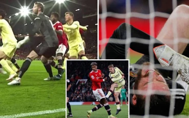 Tình huống ghi bàn của Emile Smith Rowe khi De Gea nằm sân. (Ảnh: DailyMail)