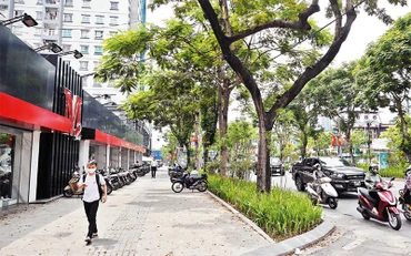 Vỉa hè hai bên tuyến phố Thái Hà, quận Đống Đa được cải tạo, chỉnh trang sạch đẹp hơn. (Ảnh TRẦN LONG)